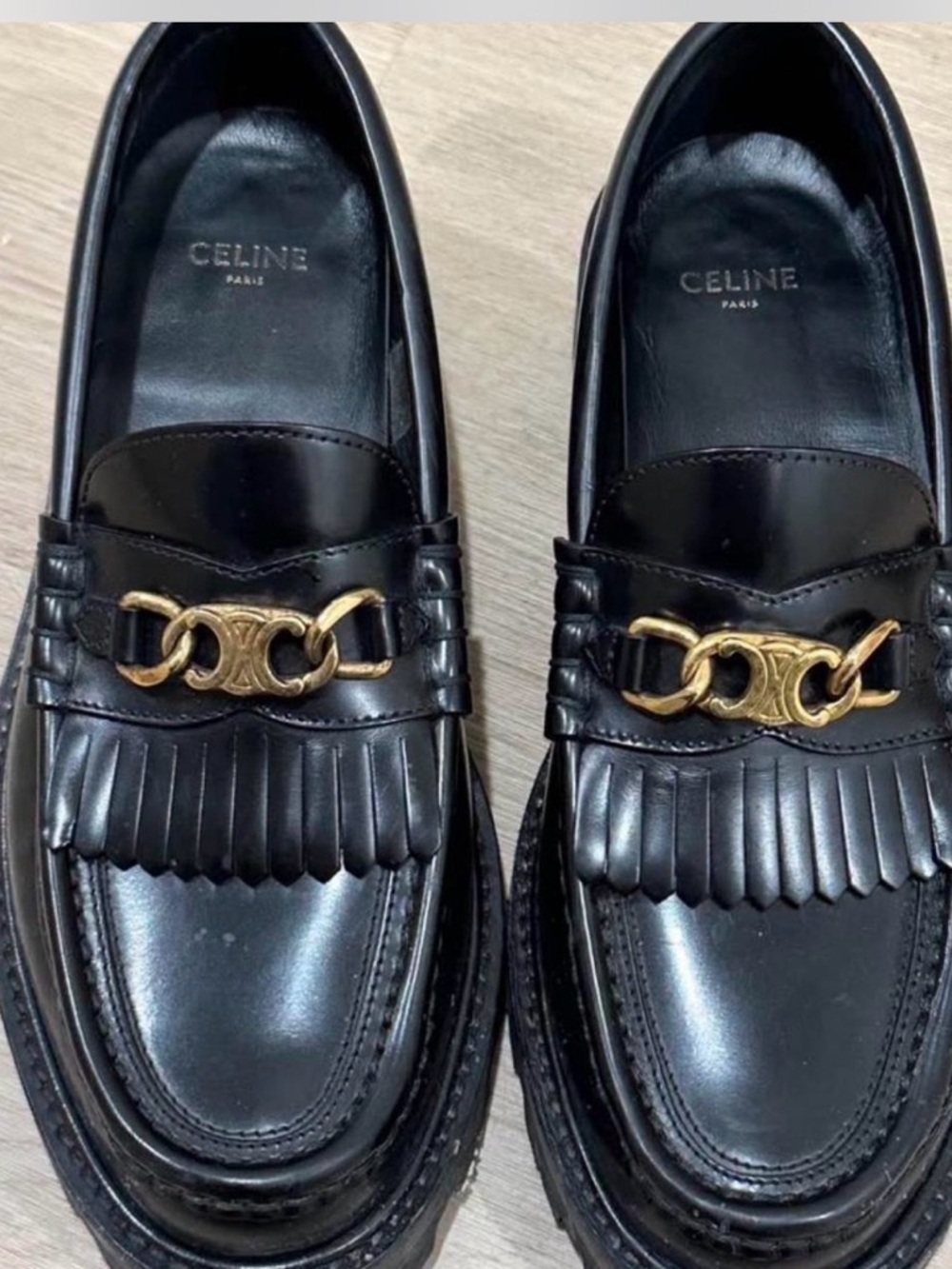 Celine Black Leather Kiltie Loafers with Gold Chain